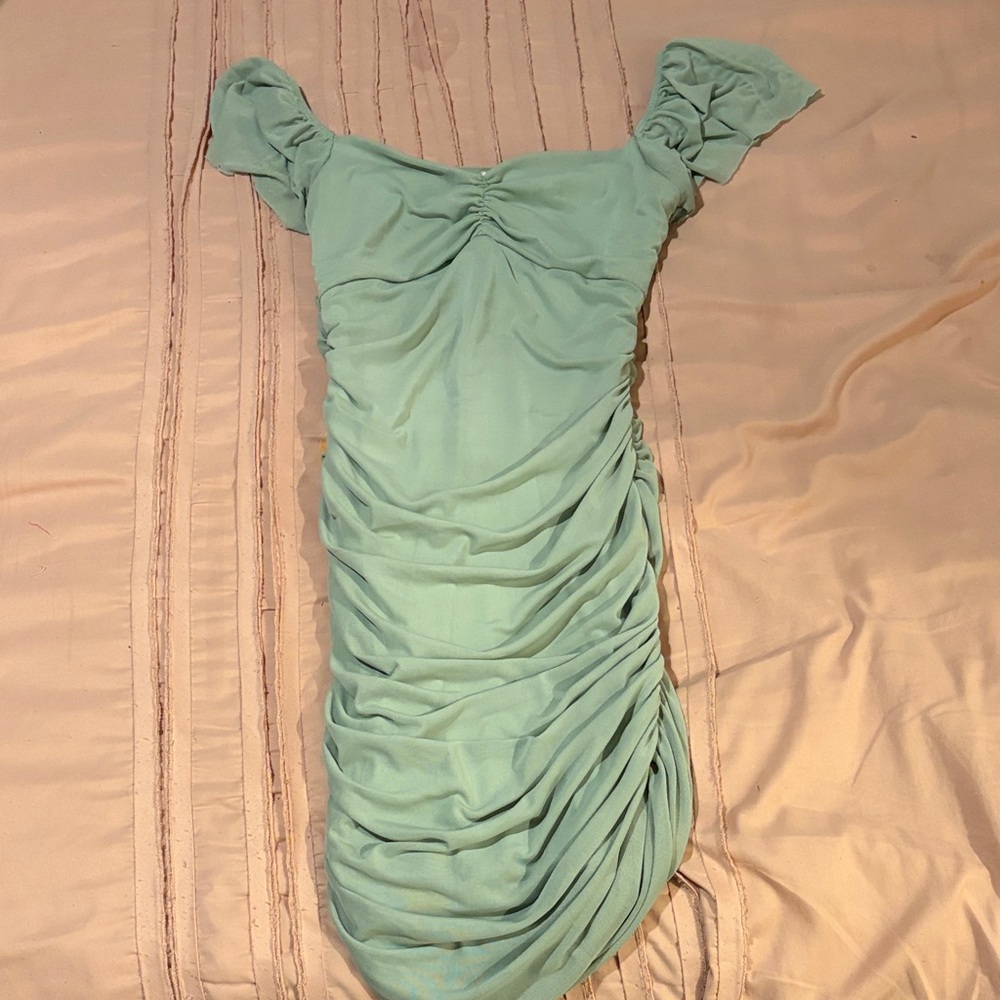 Blue Blush Mint Green Ruched Mini Dress